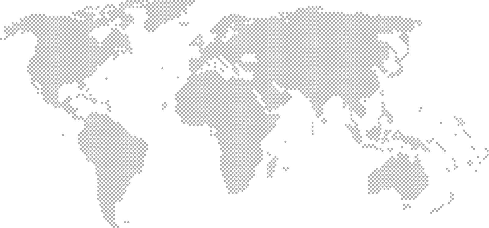 Dotted world map on black background showing continents with small gray circles.